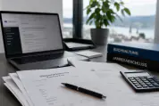 Laptop mit Buchhaltungssoftware, Belegen und Taschenrechner auf einem Schreibtisch