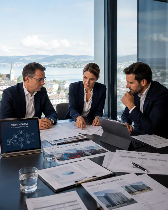 Beratungsgespräch von drei Fachpersonen mit Unterlagen, im Hintergrund Panorama von Schweiz