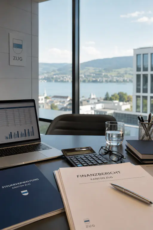 Arbeitsplatz mit Laptop und Finanzauswertungen, im Hintergrund Blick auf die Schweiz