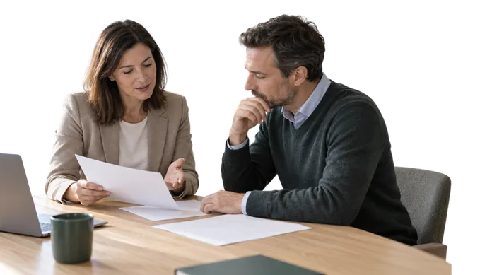 Treuhänderin bespricht mit einem Unternehmer die Unterlagen für die Meldung ans Transparenzregister