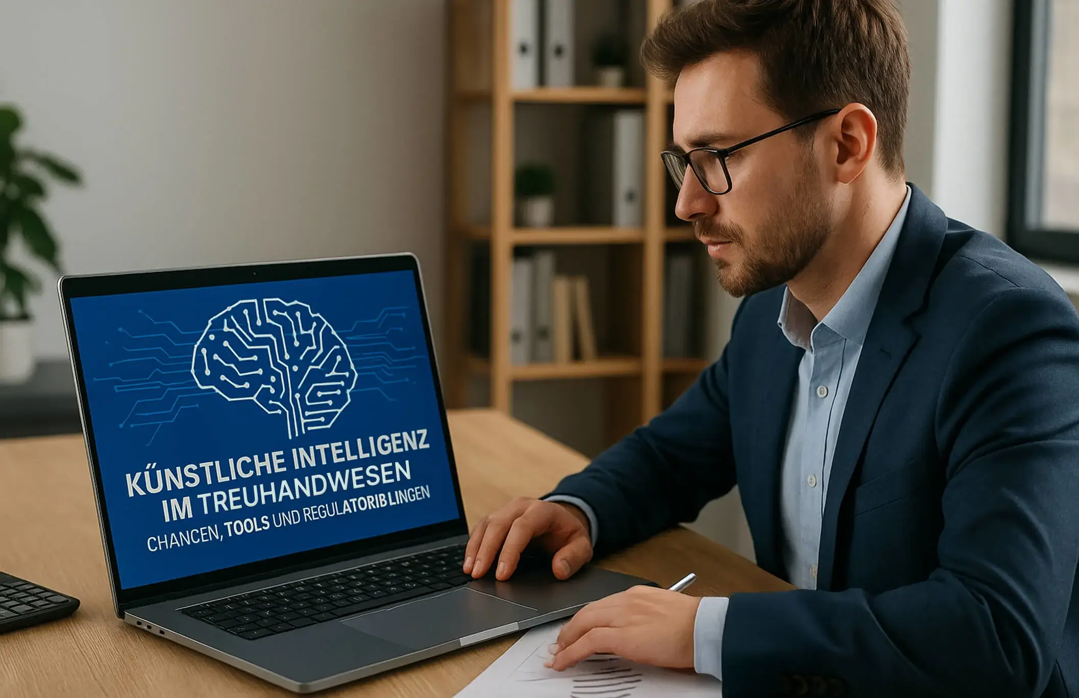 Treuhandberater am Schreibtisch vor Laptop mit Thema „Künstliche Intelligenz im Treuhandwesen“