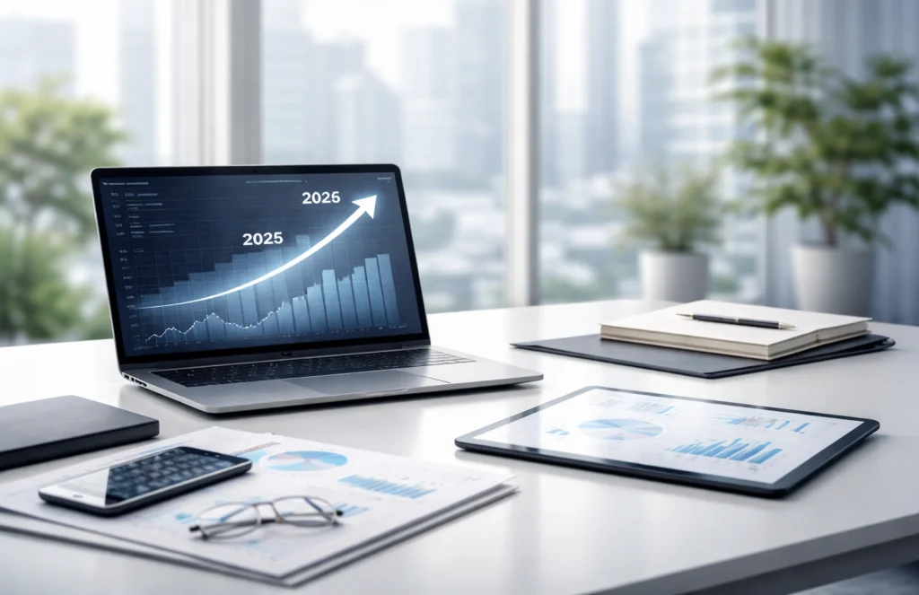 Laptop mit Finanzgrafik „2025“ auf modernem Schreibtisch – Symbolbild für MWST-Neuerungen 2025/2026 in der Schweiz