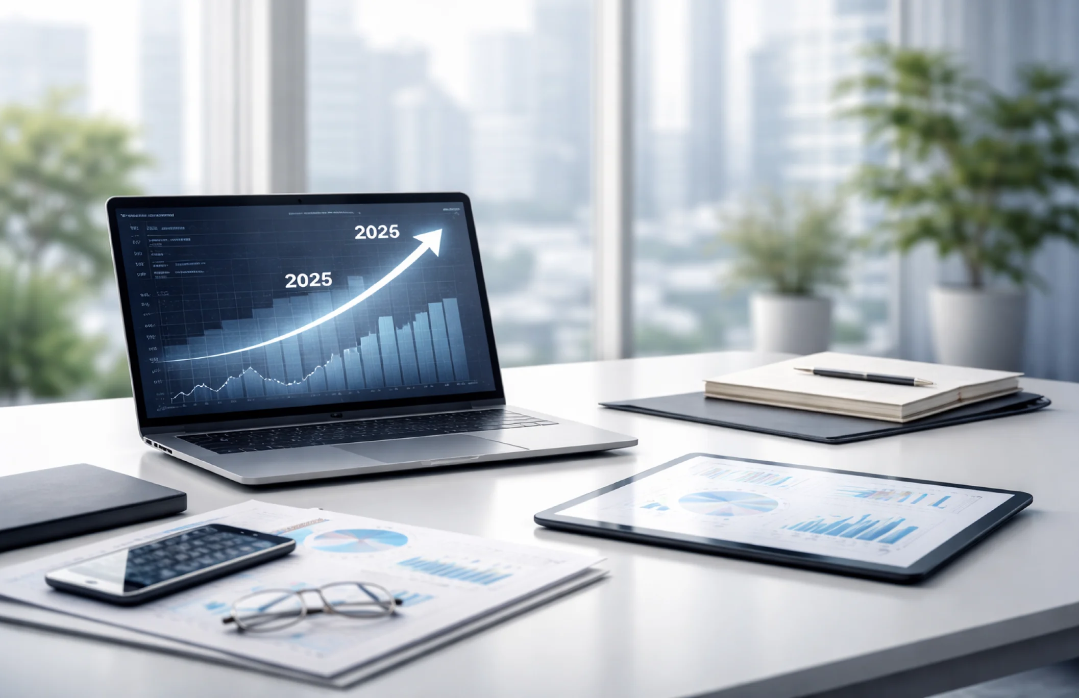 Laptop mit Finanzgrafik „2025“ auf modernem Schreibtisch – Symbolbild für MWST-Neuerungen 2025/2026 in der Schweiz